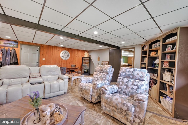 191 Meadow Dr, Mohrsville, PA 19541 - living area featuring wood walls, a drop ceiling, and recessed lighting
