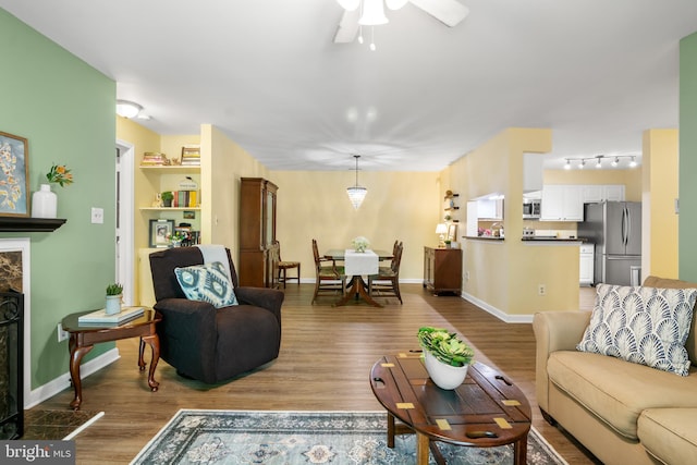 603 Admiral Dr Unit 204, Annapolis, MD 21401 - living room with rail lighting, a ceiling fan, wood finished floors, baseboards, and a fireplace