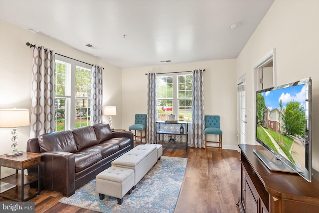 42432 Hollyhock Ter Unit 101, Brambleton, VA 20148 - living area featuring dark wood-style flooring, healthy amount of natural light, and baseboards