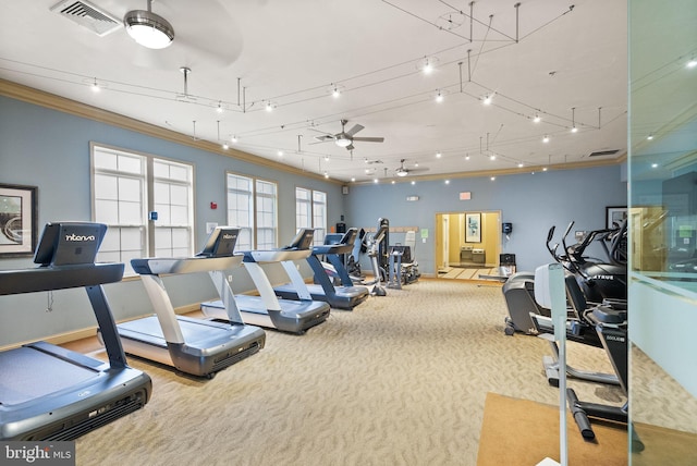 42432 Hollyhock Ter Unit 101, Brambleton, VA 20148 - exercise room with a ceiling fan, carpet floors, ornamental molding, and baseboards