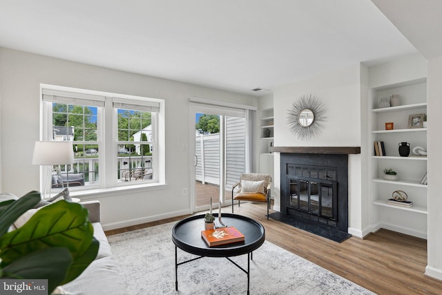 3316 Lakeside View Dr Unit 3-7, Falls Church, VA 22041 - living room with a fireplace with flush hearth, built in features, wood finished floors, and baseboards