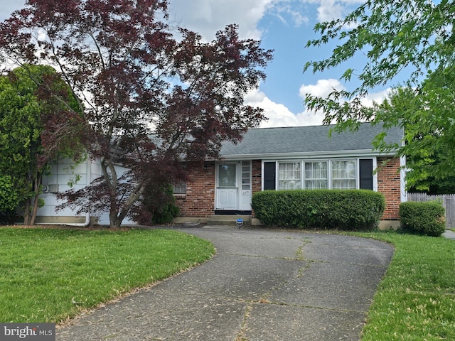 view of front facade with a front lawn, brick siding, and roof with shingles