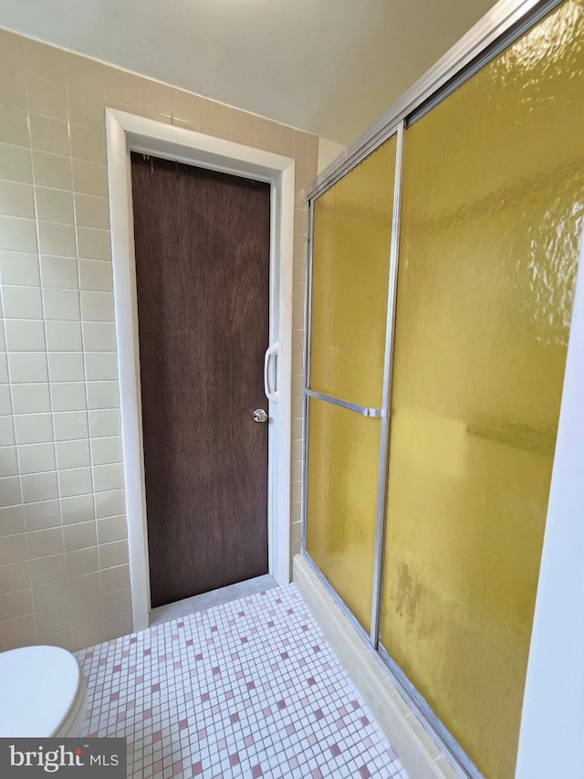 full bathroom featuring a shower stall and toilet