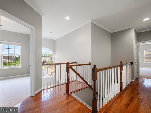 800 Kennedy Dr, Winchester, VA 22601 - hallway featuring an upstairs landing, wood finished floors, baseboards, crown molding, and recessed lighting