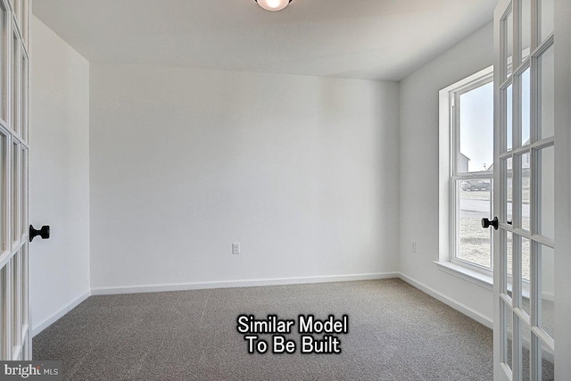 unfurnished room with french doors, carpet floors, and baseboards