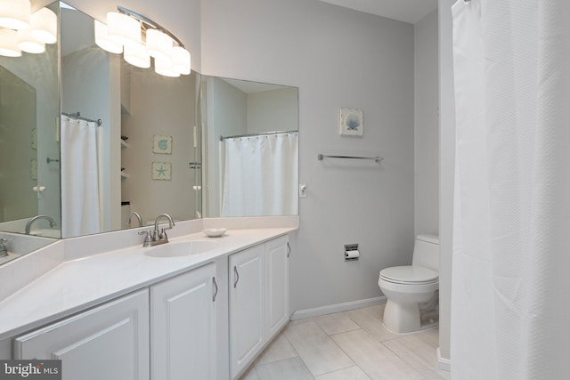 full bath with toilet, vanity, baseboards, and tile patterned flooring