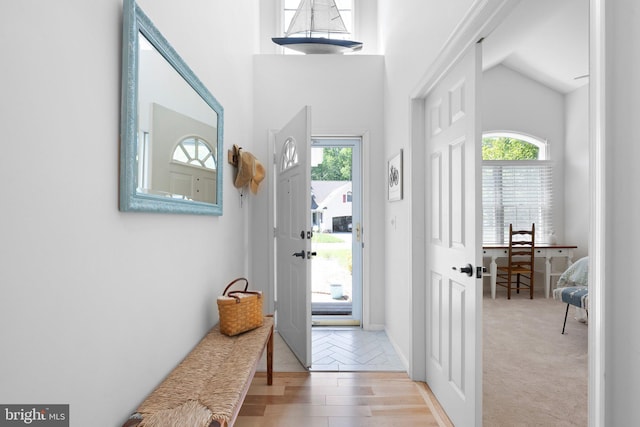 doorway with plenty of natural light and a high ceiling