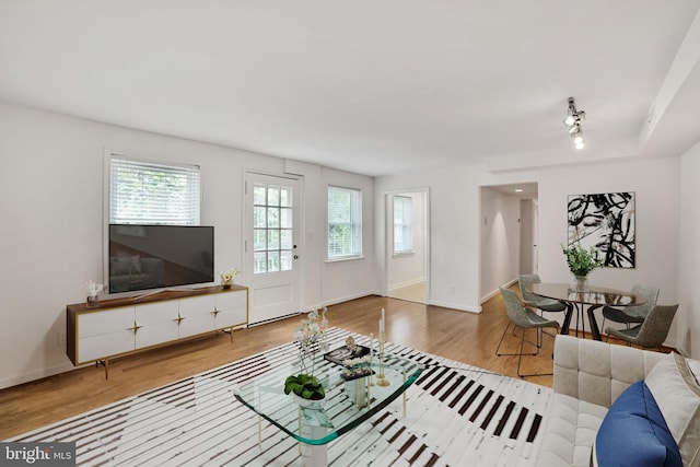 living room with healthy amount of natural light, wood finished floors, and baseboards