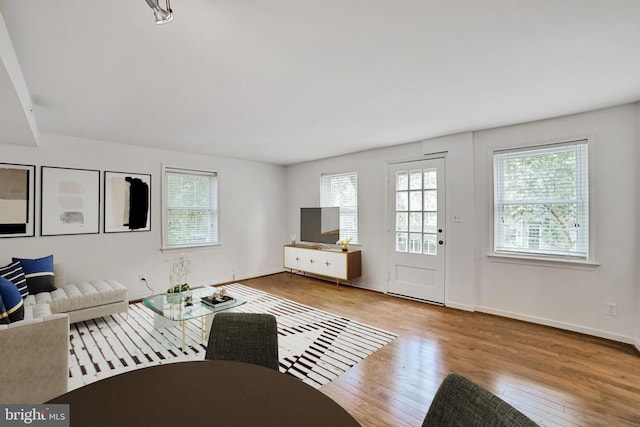 living room with healthy amount of natural light and hardwood / wood-style flooring
