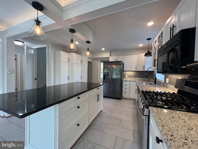 8107 Chester St, Takoma Park, MD 20912 - kitchen with black appliances, a sink, light marble finish floors, backsplash, and white cabinetry