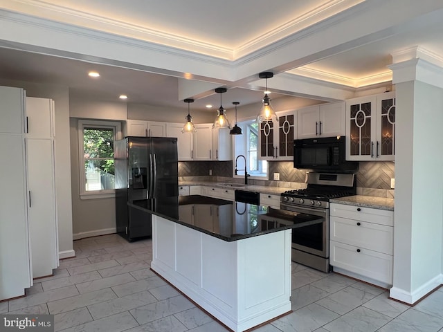 8107 Chester St, Takoma Park, MD 20912 - kitchen with black appliances, light marble finish floors, a sink, white cabinets, and glass insert cabinets