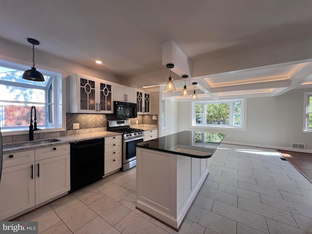 8107 Chester St, Takoma Park, MD 20912 - kitchen featuring black appliances, a sink, light marble finish floors, tasteful backsplash, and glass insert cabinets