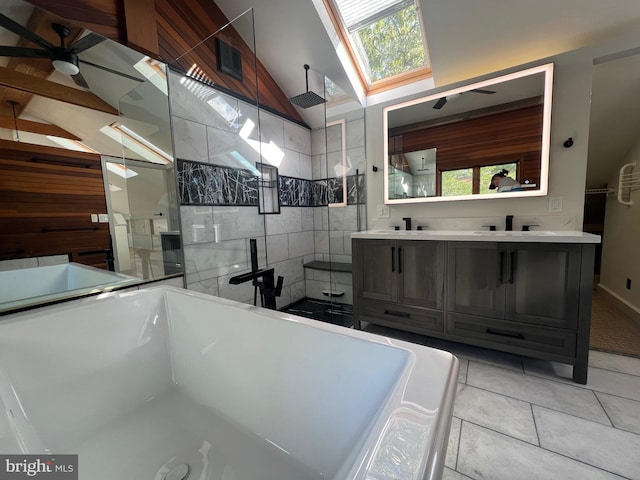 8107 Chester St, Takoma Park, MD 20912 - bathroom featuring vaulted ceiling, ceiling fan, a stall shower, healthy amount of natural light, and tile patterned flooring
