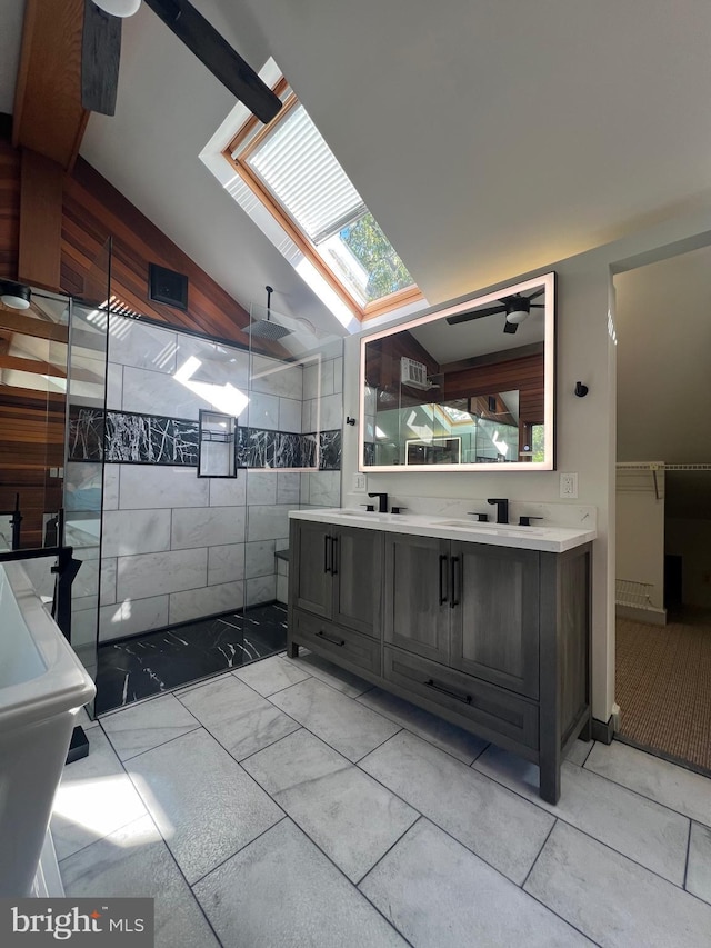 8107 Chester St, Takoma Park, MD 20912 - full bath with a skylight, a walk in shower, double vanity, lofted ceiling, and marble finish flooring