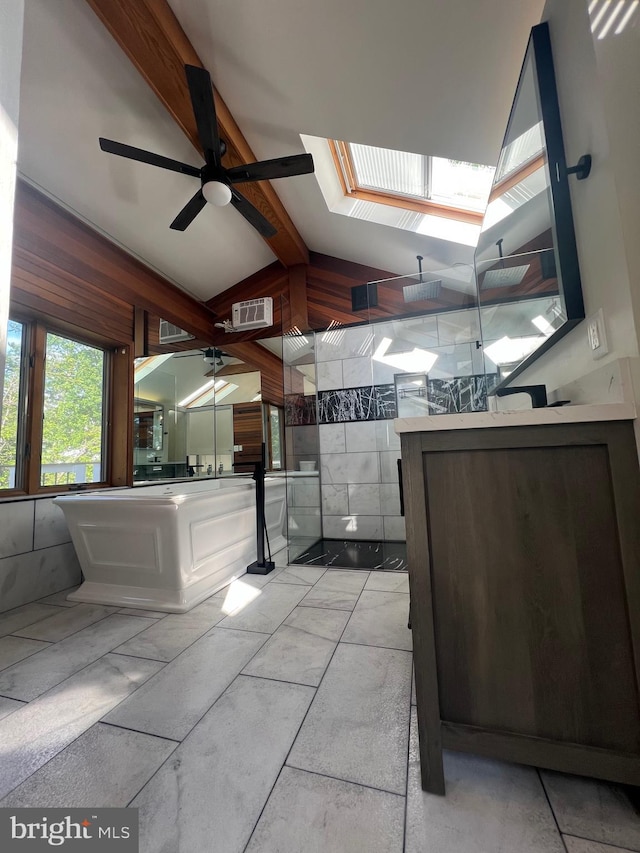 8107 Chester St, Takoma Park, MD 20912 - bathroom featuring a ceiling fan, vanity, walk in shower, and a skylight