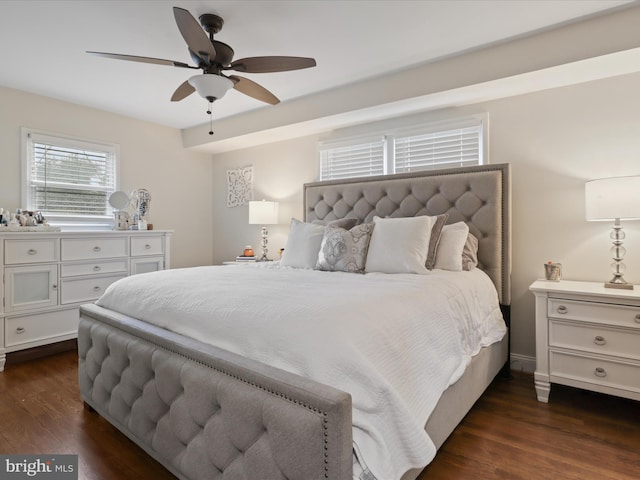 bedroom featuring dark wood-type flooring and ceiling fan