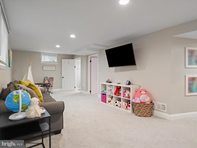 recreation room featuring carpet floors, baseboards, and recessed lighting