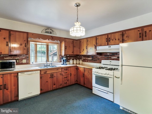 629 W Piedmont St, Keyser, WV 26726 - kitchen featuring white appliances, a sink, under cabinet range hood, decorative backsplash, and brown cabinetry