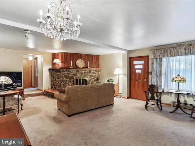 629 W Piedmont St, Keyser, WV 26726 - living room featuring light carpet, a stone fireplace, baseboards, a baseboard radiator, and a chandelier