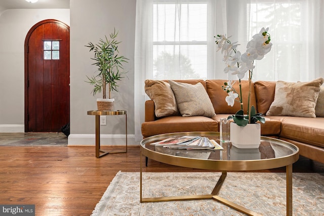3902 Biddison Ln, Baltimore, MD 21206 - living room featuring wood finished floors, baseboards, and arched walkways