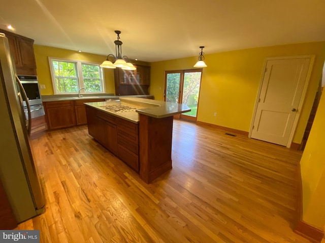 kitchen featuring appliances with stainless steel finishes, light wood finished floors, and healthy amount of natural light