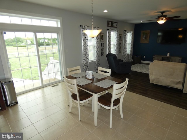 dining area with light tile patterned floors, recessed lighting, and ceiling fan