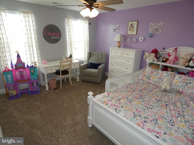 bedroom featuring carpet and ceiling fan