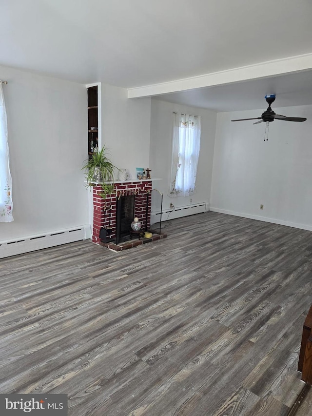 4527 Main St, Whitehall, PA 18052 - unfurnished living room with wood finished floors, a baseboard heating unit, ceiling fan, and a brick fireplace