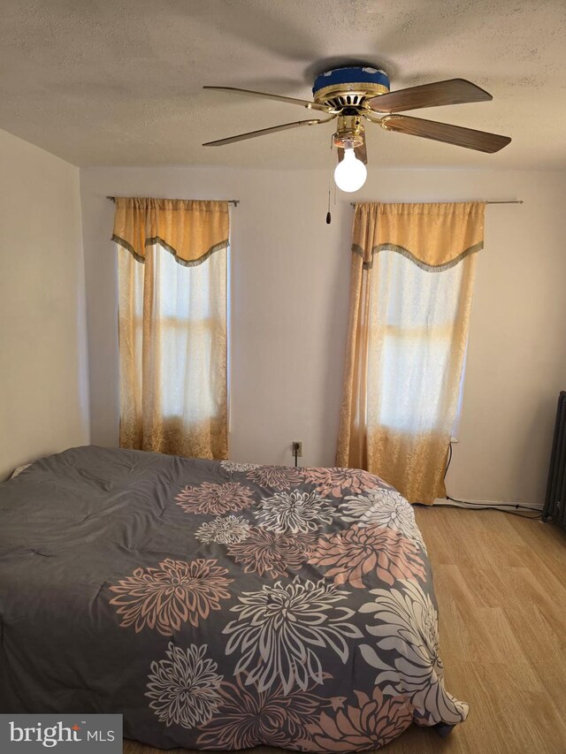 4527 Main St, Whitehall, PA 18052 - bedroom featuring light wood-style flooring, a textured ceiling, and a ceiling fan