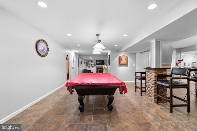 15066 Frederick Rd, Cooksville, MD 21723 - game room featuring baseboards, billiards table, recessed lighting, bar area, and stone finish flooring