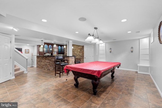 15066 Frederick Rd, Cooksville, MD 21723 - playroom featuring pool table, baseboards, bar area, recessed lighting, and stone finish floors