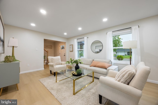127 Toledo Ln, Willingboro, NJ 08046 - living room featuring light wood finished floors, stairs, plenty of natural light, and recessed lighting