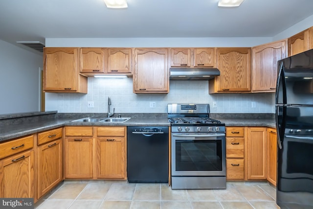 kitchen featuring black appliances, under cabinet range hood, a sink, and backsplash
