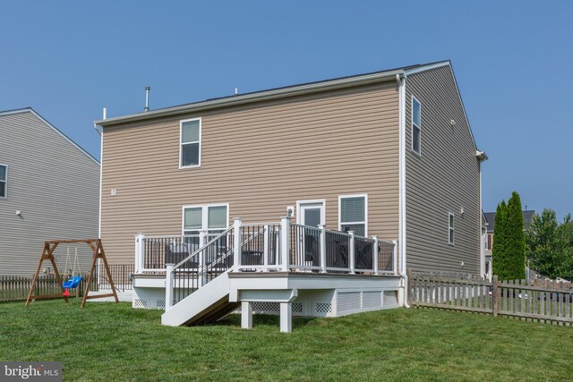 27 Hopkins Branch Way, Fredericksburg, VA 22406 - rear view of property with a fenced backyard, a deck, a playground, and stairway