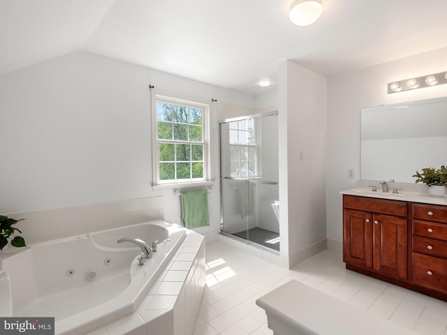 1711 Butternut Cir, West Chester, PA 19382 - full bathroom with a shower stall, a whirlpool tub, vanity, lofted ceiling, and tile patterned flooring