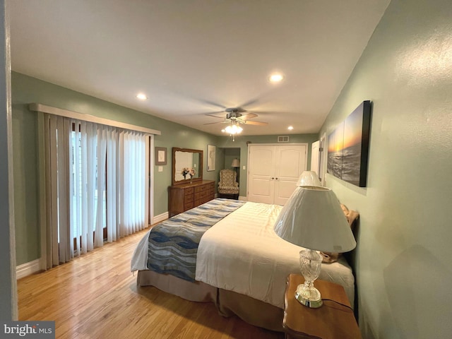8408 Alvin Rd, Pasadena, MD 21122 - bedroom featuring light wood finished floors, a closet, recessed lighting, baseboards, and a ceiling fan