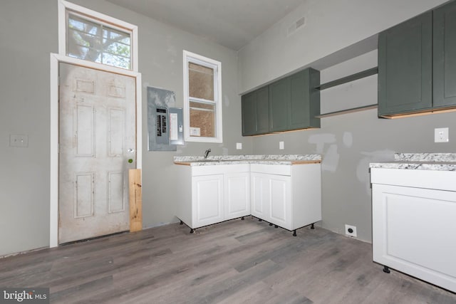 washroom with wood finished floors, electric panel, and a sink