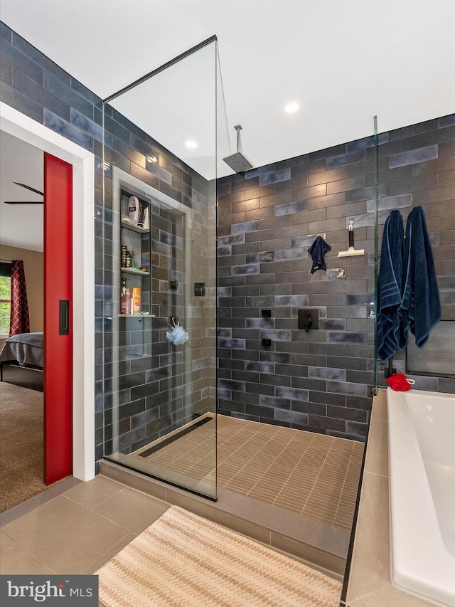 24129 Pecan Grove Ln, Gaithersburg, MD 20882 - full bathroom with tiled shower, a bath, connected bathroom, recessed lighting, and tile patterned flooring