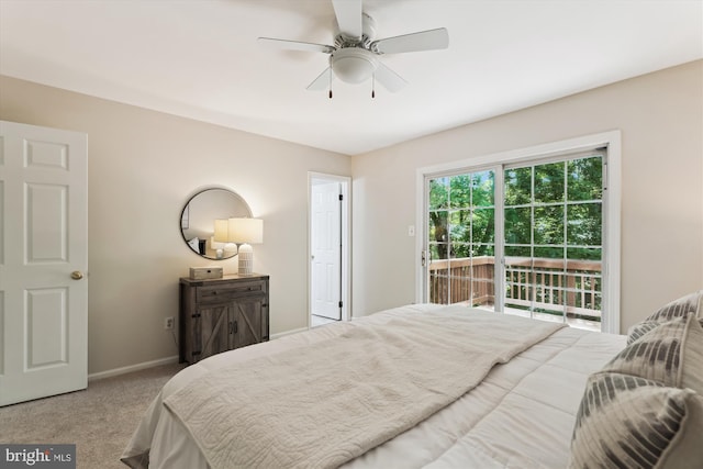 bedroom with access to exterior, light carpet, baseboards, and a ceiling fan