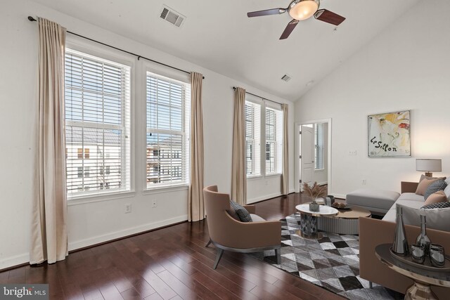 400 Cameron Station Blvd Unit 417, Alexandria, VA 22304 - living room with wood finished floors, ceiling fan, baseboards, and high vaulted ceiling