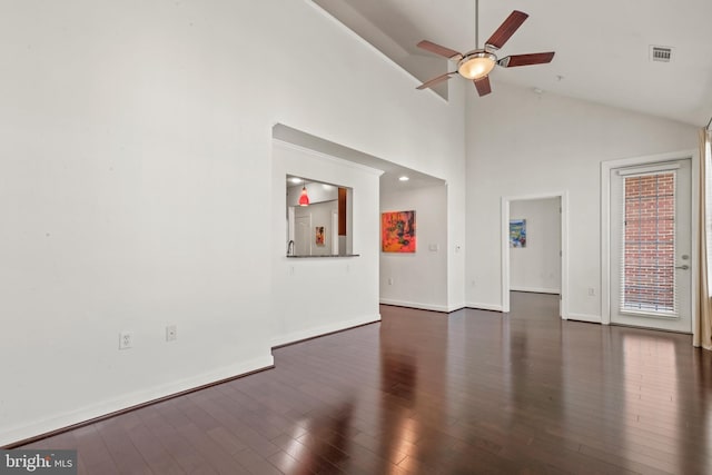400 Cameron Station Blvd Unit 417, Alexandria, VA 22304 - unfurnished living room with ceiling fan, wood finished floors, high vaulted ceiling, and baseboards