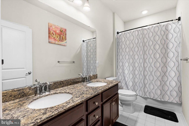 2121 River Heritage Blvd, Dumfries, VA 22026 - full bath with tile patterned flooring, toilet, double vanity, and shower / bathtub combination with curtain