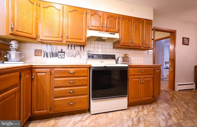 kitchen featuring range with electric stovetop, under cabinet range hood, a baseboard radiator, decorative backsplash, and brown cabinets