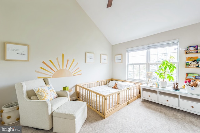 517 Bullock Unit 13, Conshohocken, PA 19428 - bedroom featuring a nursery area, light colored carpet, high vaulted ceiling, and ceiling fan