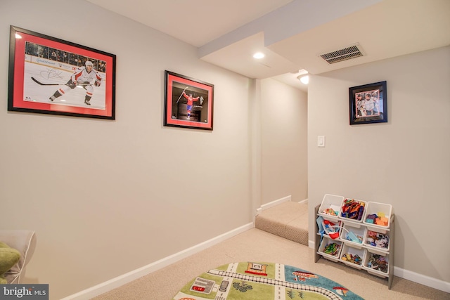rec room featuring carpet flooring, baseboards, and recessed lighting