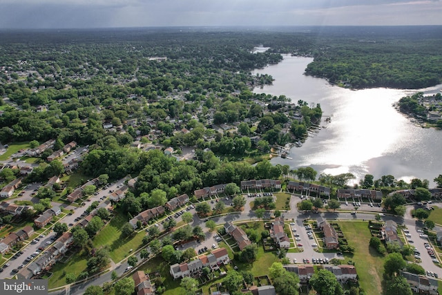 aerial view of a nearby body of water and a forest