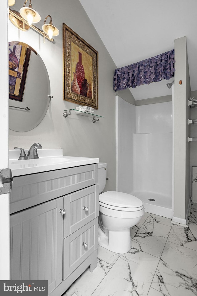 28 Chatham Ct, Dover, DE 19901 - bathroom featuring vanity, a stall shower, marble finish floors, and toilet