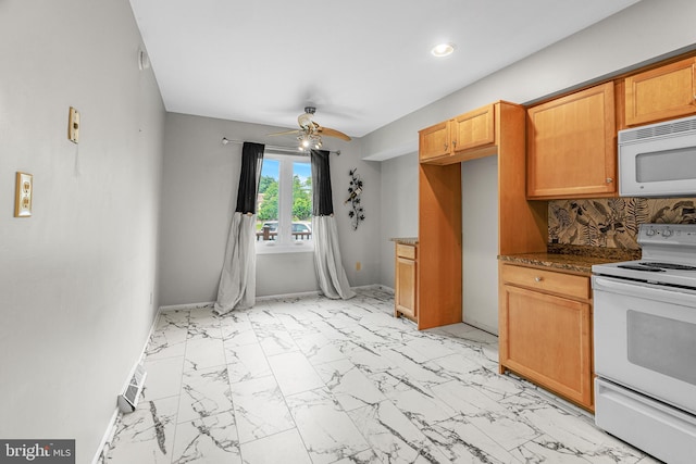 28 Chatham Ct, Dover, DE 19901 - kitchen featuring white appliances, light marble finish floors, ceiling fan, recessed lighting, and backsplash