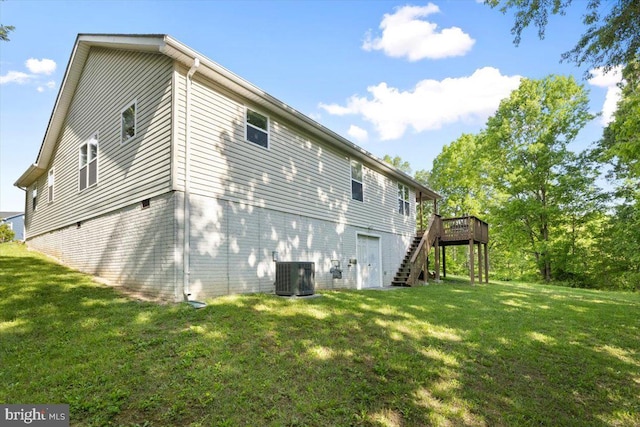 116 Ware Pl, Winchester, VA 22602 - view of home's exterior featuring central AC unit, stairway, a wooden deck, and a yard