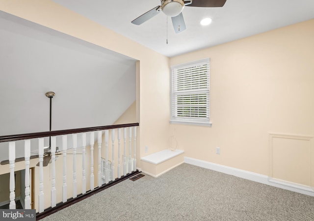 unfurnished room featuring ceiling fan, carpet, baseboards, and recessed lighting